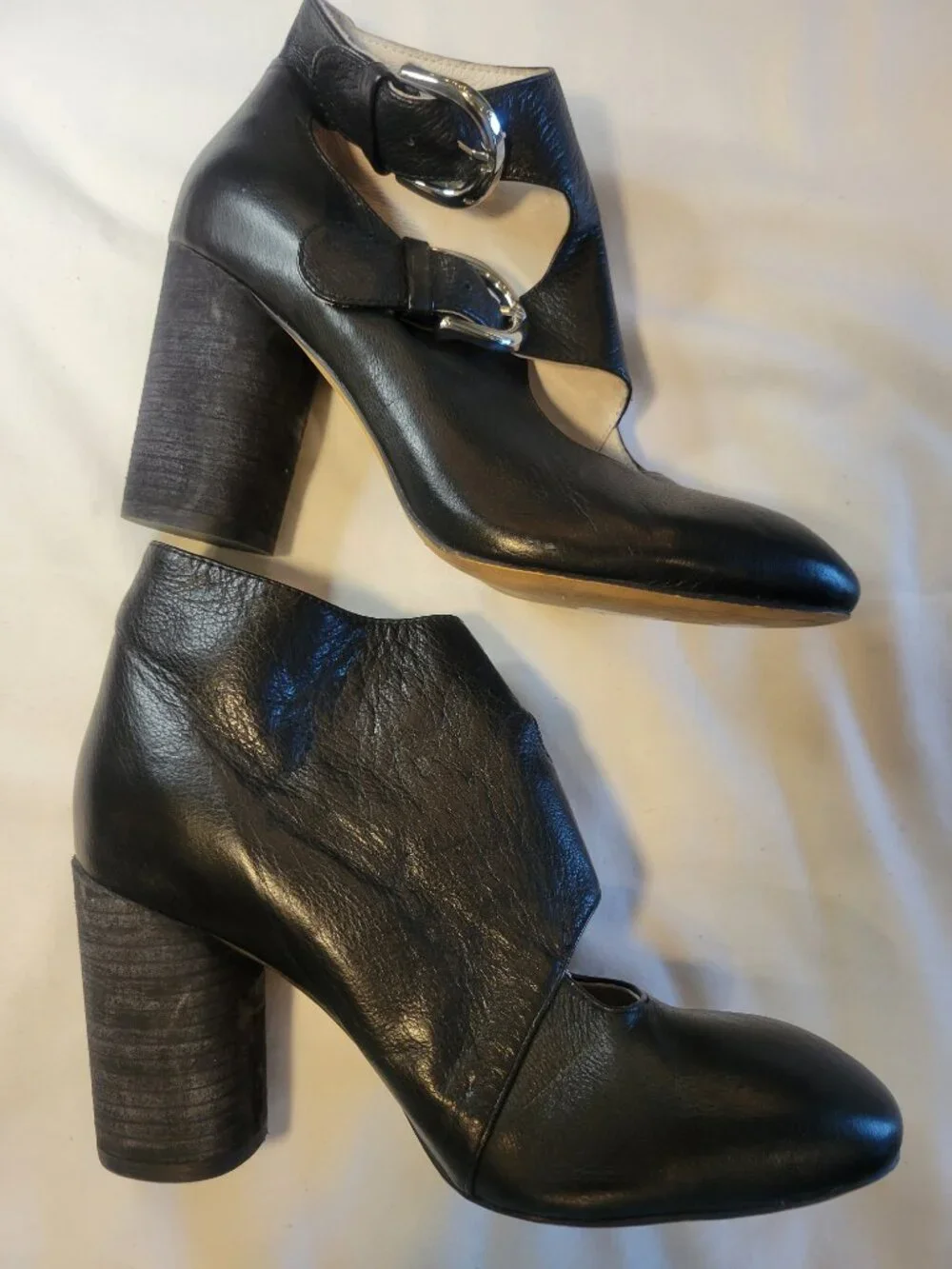 Silent D Anthropologie Black Leather Double Buckle Mary Jane Heels EU 36 US 6